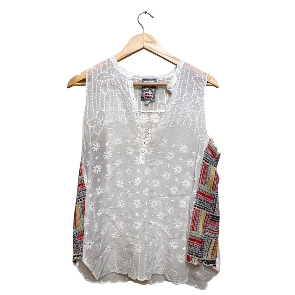Johnny Was White Eyelet Embroidered Sleeveless Blouse Boho Split Neck Small